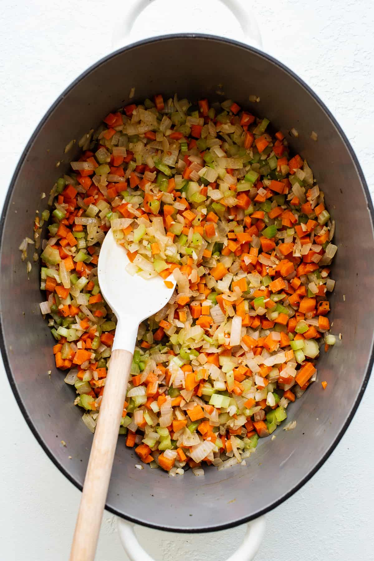Minced veggies in a stock pot.