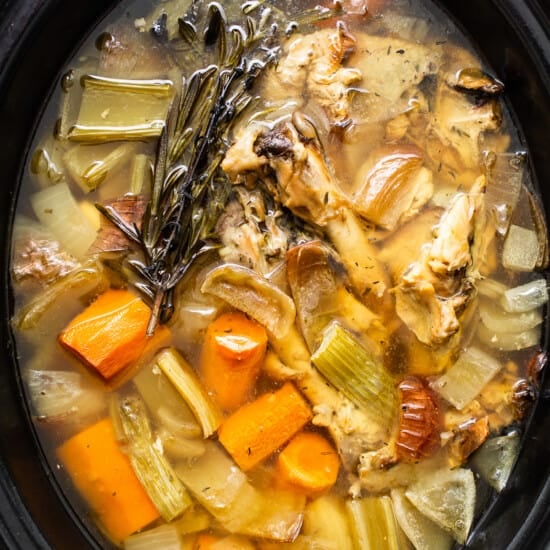 Homemade turkey stock in the slow cooker.