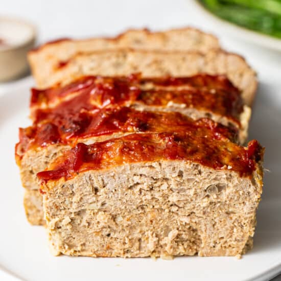 Ground turkey meatloaf on a plate.