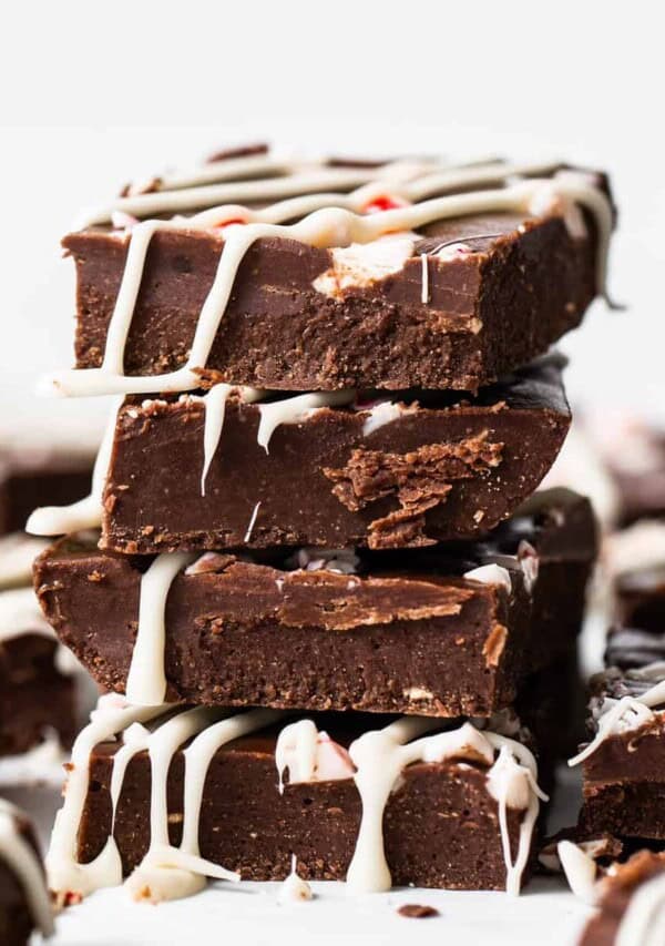 Stacked fudge pieces.