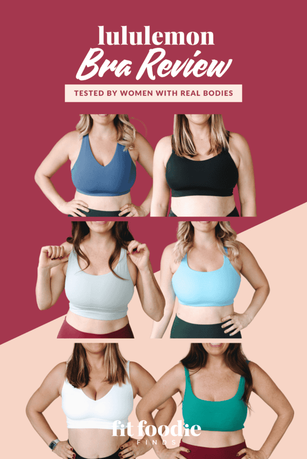 Collage of women confidently showcasing various Lululemon bras, all part of an in-depth review featured by Fit Foodie Finds.