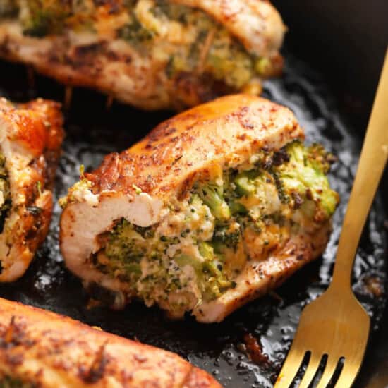 stuffed chicken on cast iron.