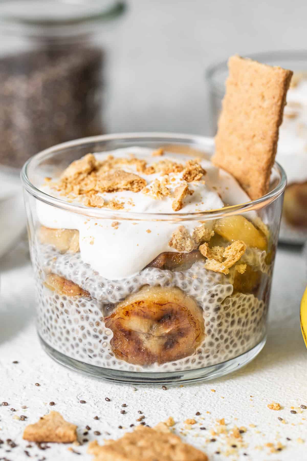 Banana cream pie chia seed pudding in a glass.
