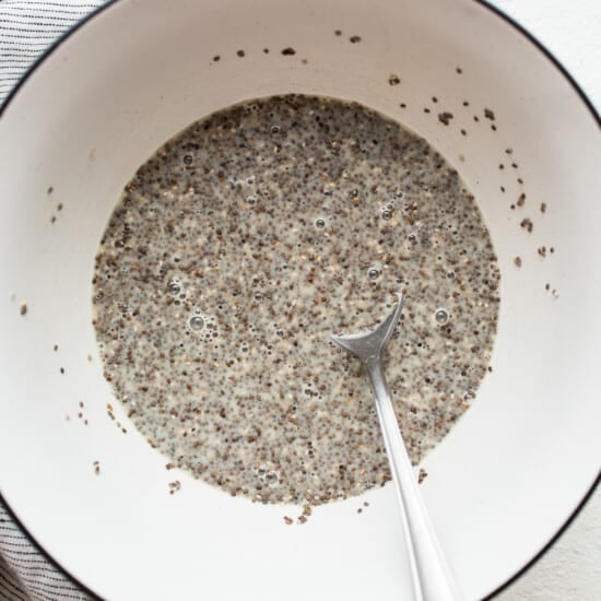 Chia seeds in a bowl with a spoon.