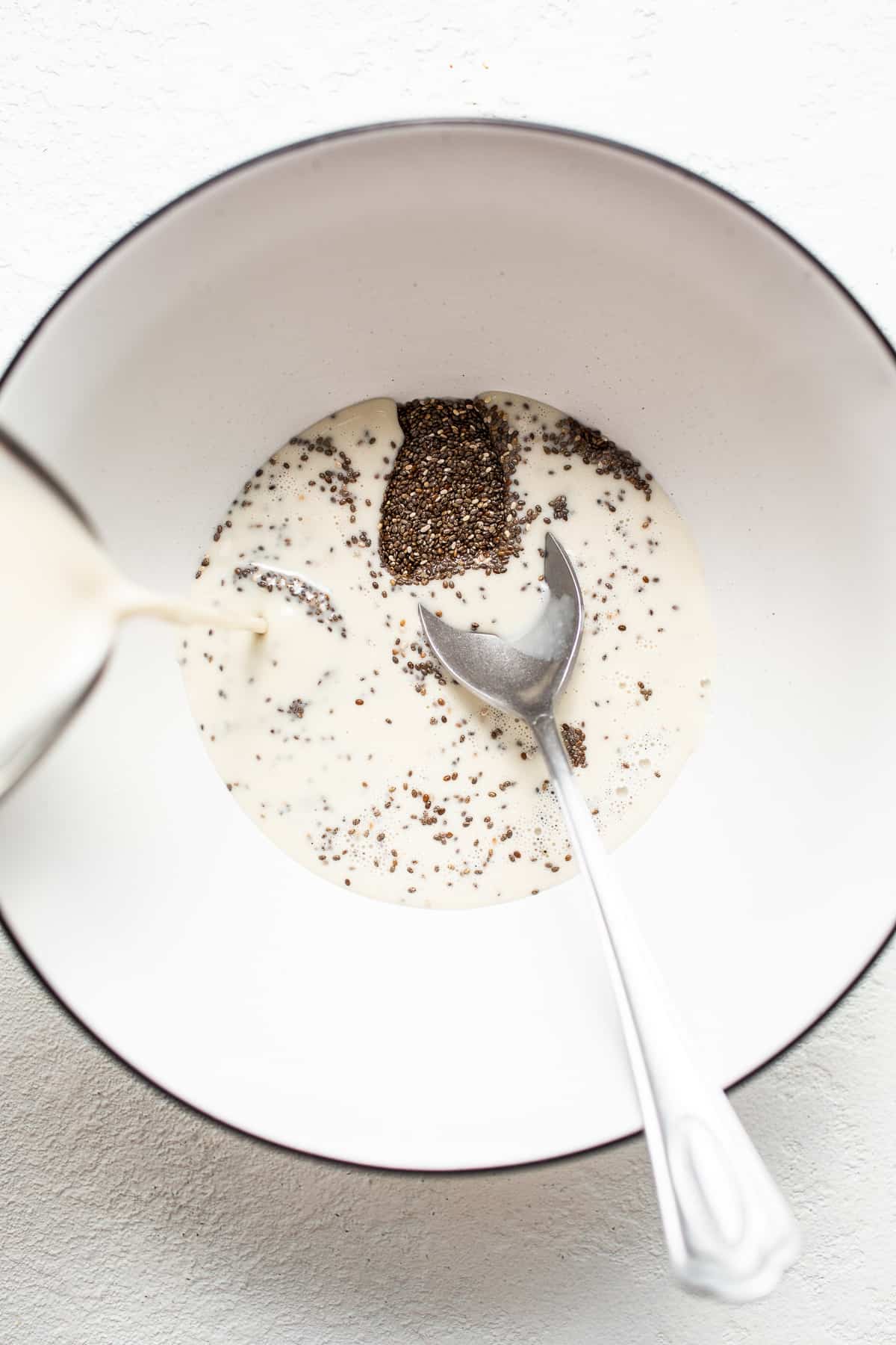 Chia seeds in a bowl with milk.
