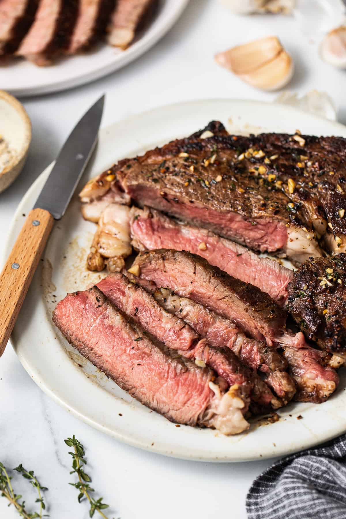 Sliced steak on a plate. 