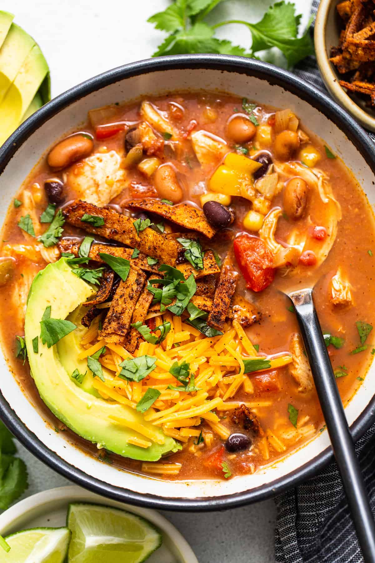 Chicken tortilla soup in a bowl.