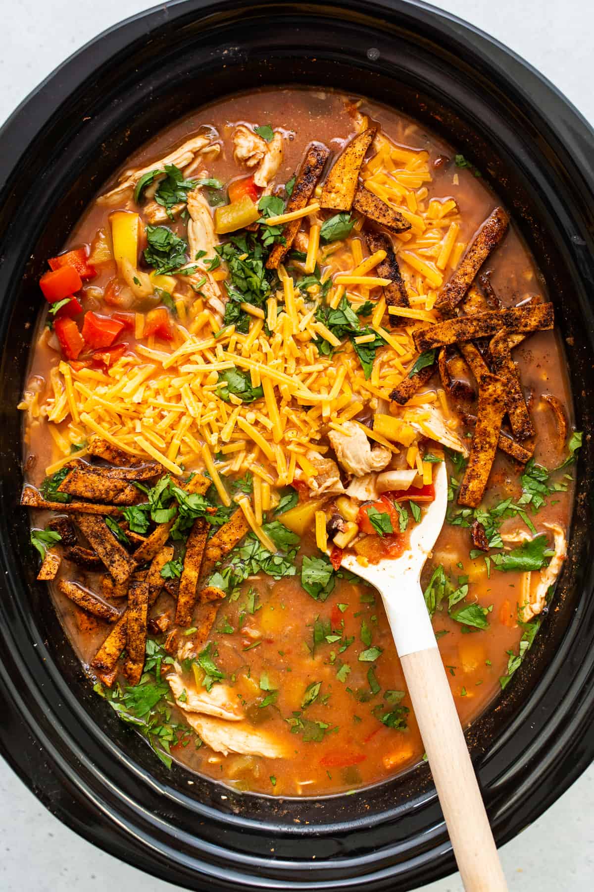 Chicken tortilla soup in a slow cooker.