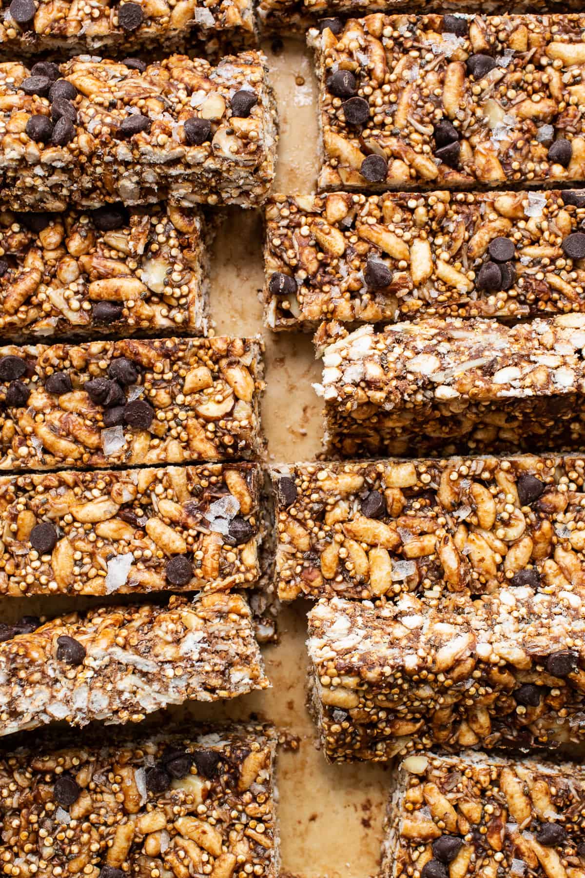 Nut and coconut bars sliced into rectangles. 