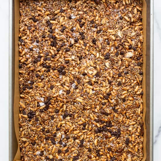 Nut and coconut bars in a 9x13-inch pan.