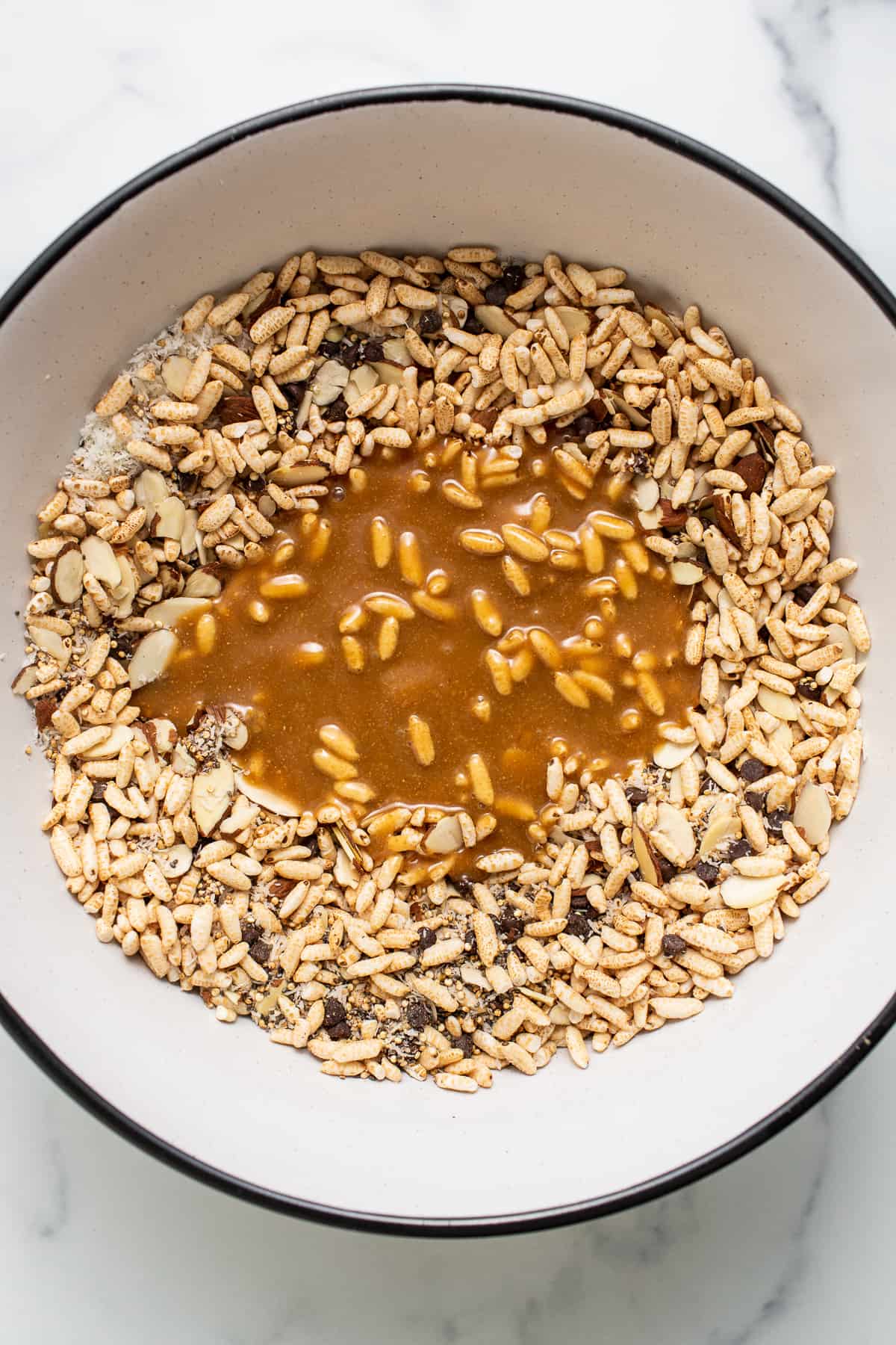Melted brown rice syrup with brown rice.