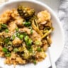 orange chicken casserole in bowl.