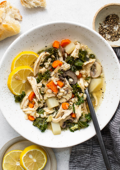 Chicken soup in a bowl.