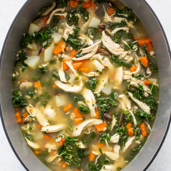 Kale added to the chicken soup.