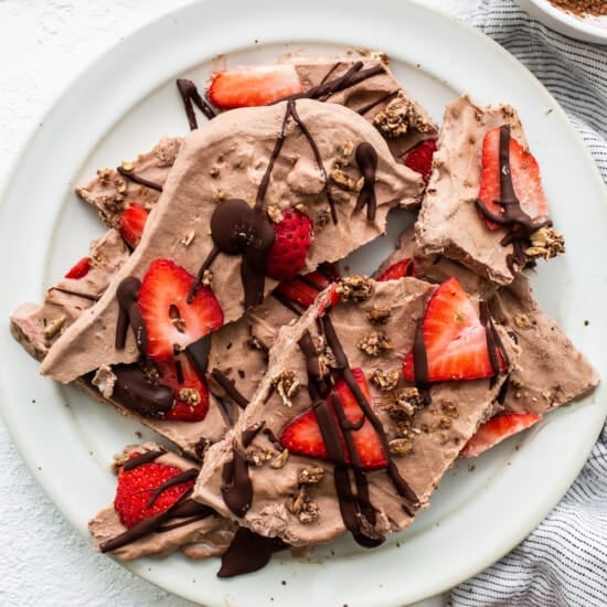 Chocolate strawberry frozen yogurt bark.