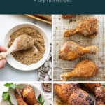 A collage of images with the text juicy roasted chicken legs.