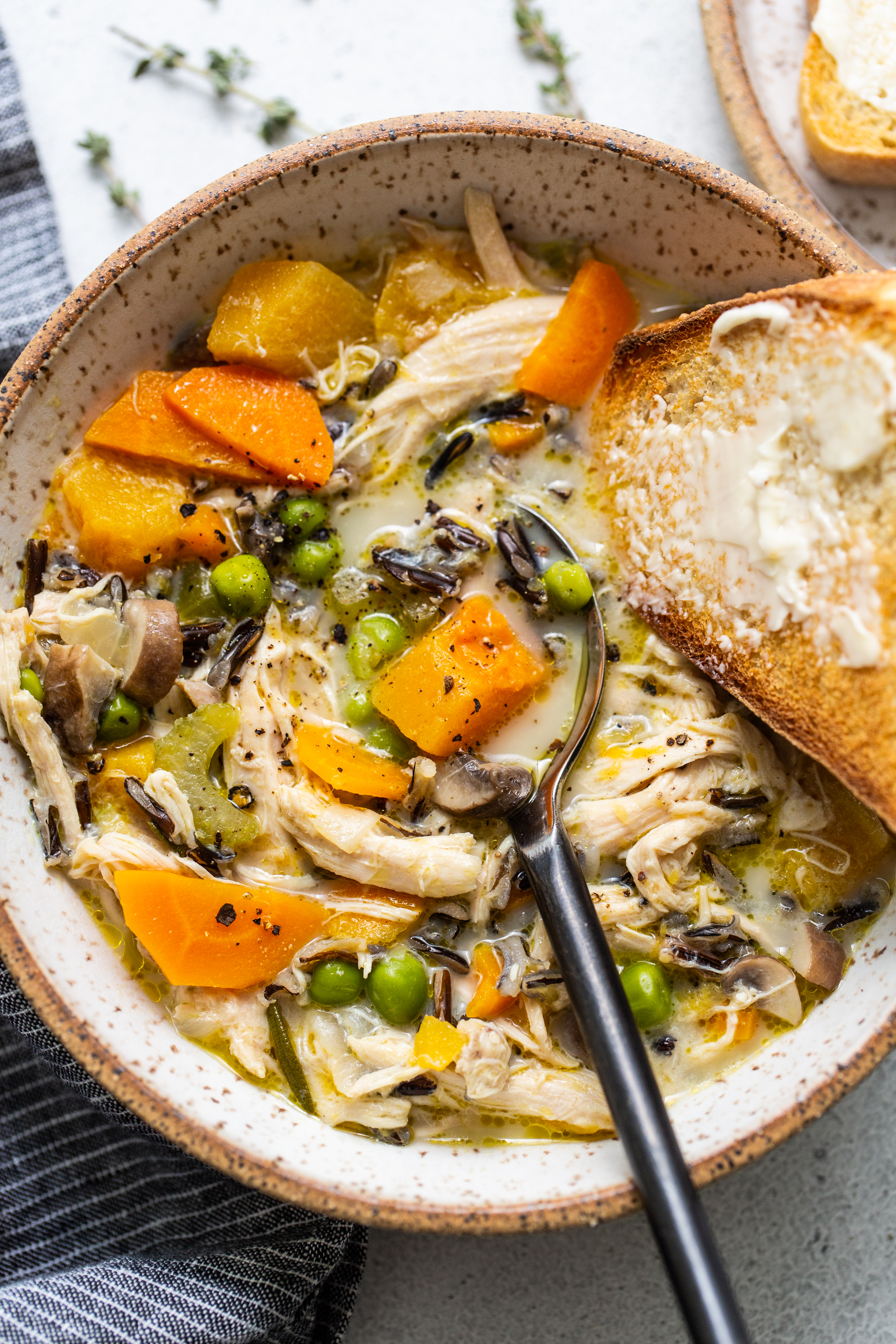 Bowl of turkey wild rice soup.