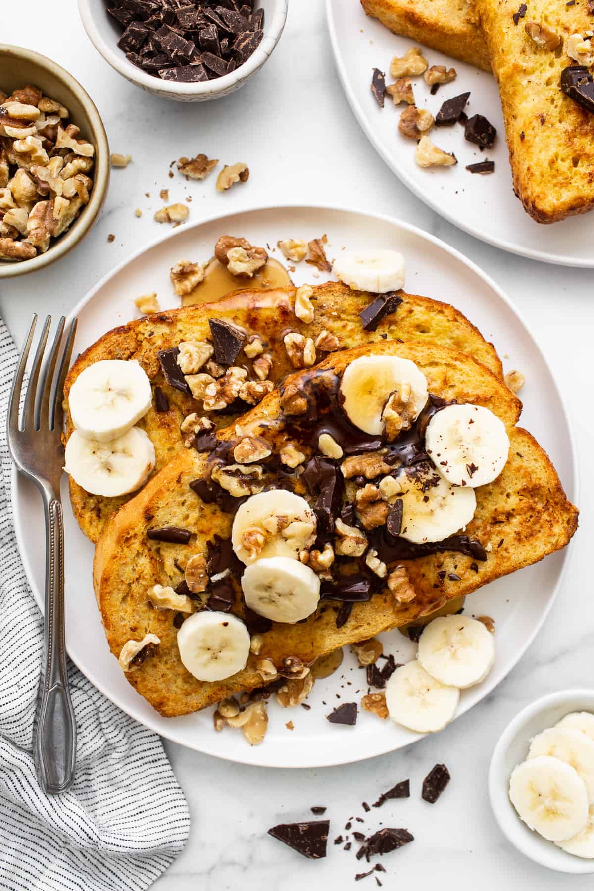 Air fryer chunky monkey french toast on a plate.