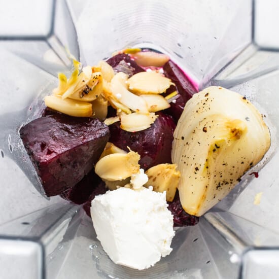 Beets, almonds and feta in a blender.