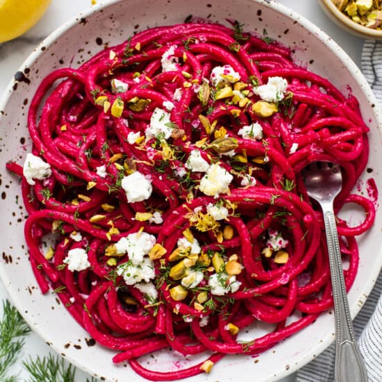 Roasted beet pasta in a bowl.
