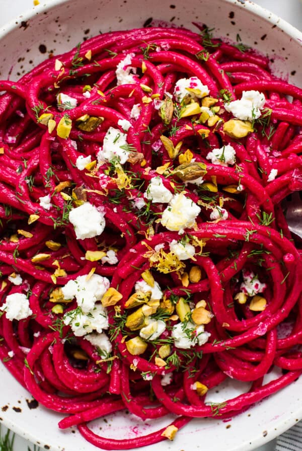 Roasted beet pasta in a bowl.