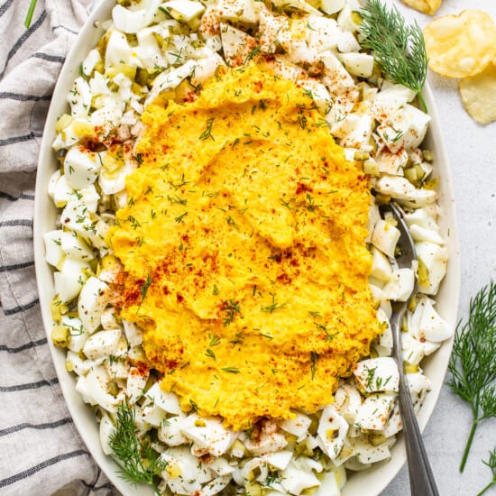 Deviled egg salad in a bowl.