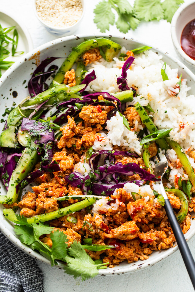 Ground chicken bowls with cilantro. 