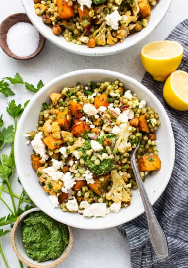 Israeli couscous salad in a bowl.