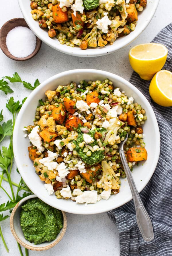 Israeli couscous salad in a bowl.