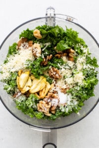 All of the ingredients for kale pesto in a food processor.