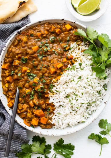 Vegetarian lentil curry in a bowl.