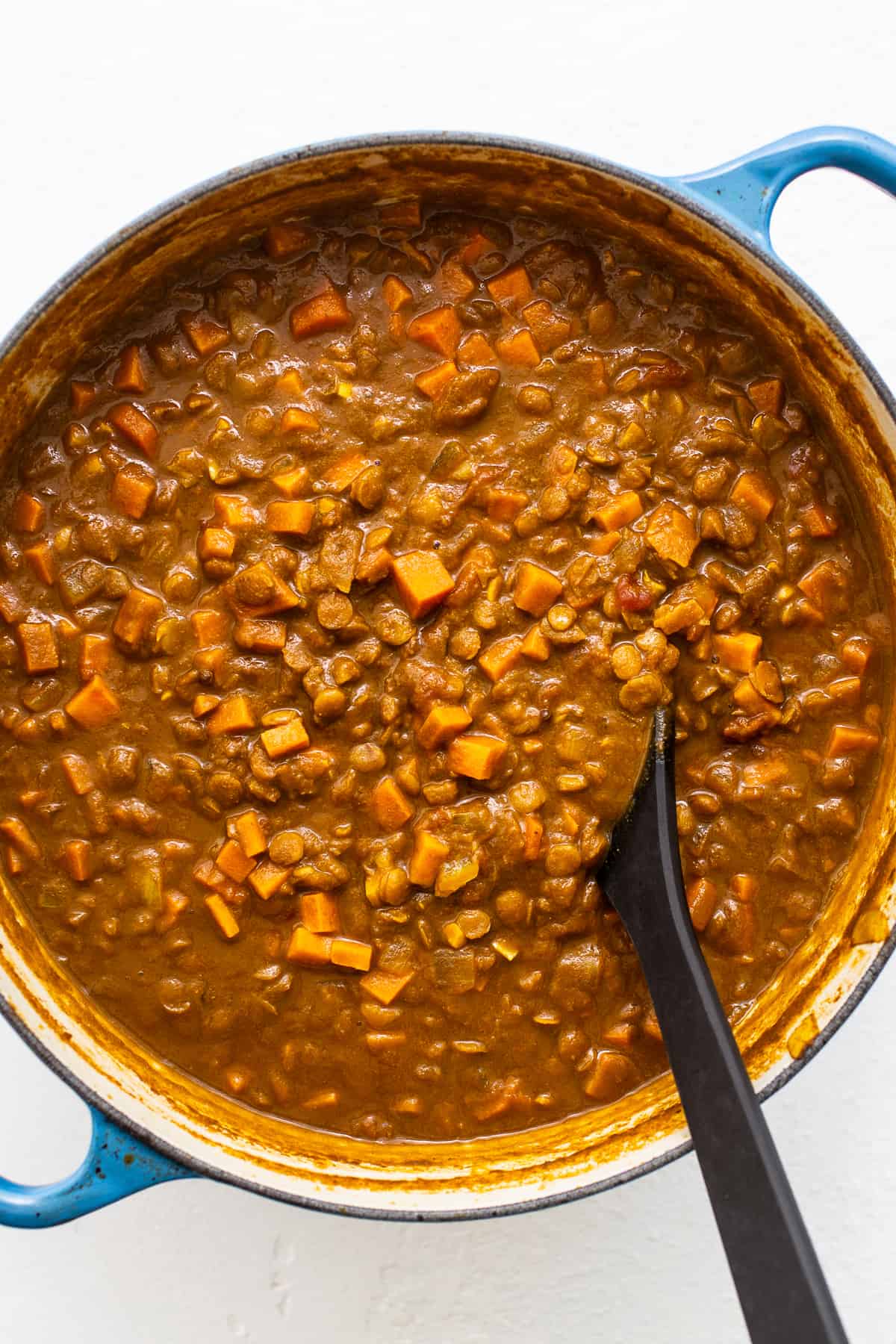 Vegetarian lentil curry in a dutch oven.