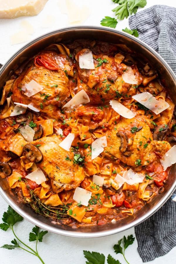 Pappardelle pasta in a skillet.