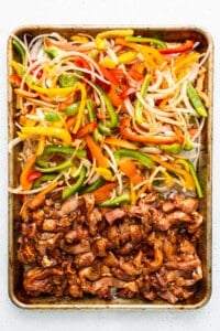 sheet pan fajitas on baking sheet.