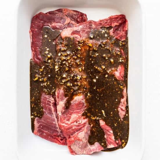 Skirt steak with marinade.