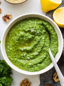 Kale pesto in a bowl.