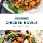 The cover of a cookbook with chicken bowls on it.