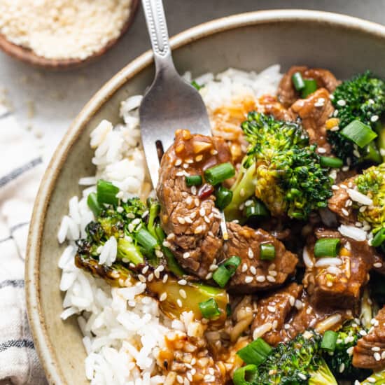 bowl of beef and broccoli stir fry