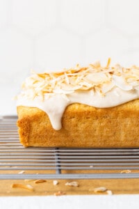 shredded coconut on loaf.