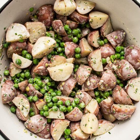 Potatoes and peas in a bowl.