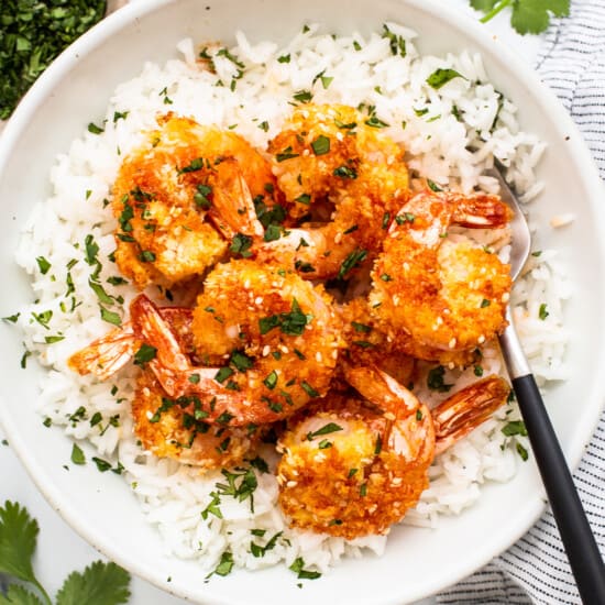 A bowl of shrimp and rice with a fork.
