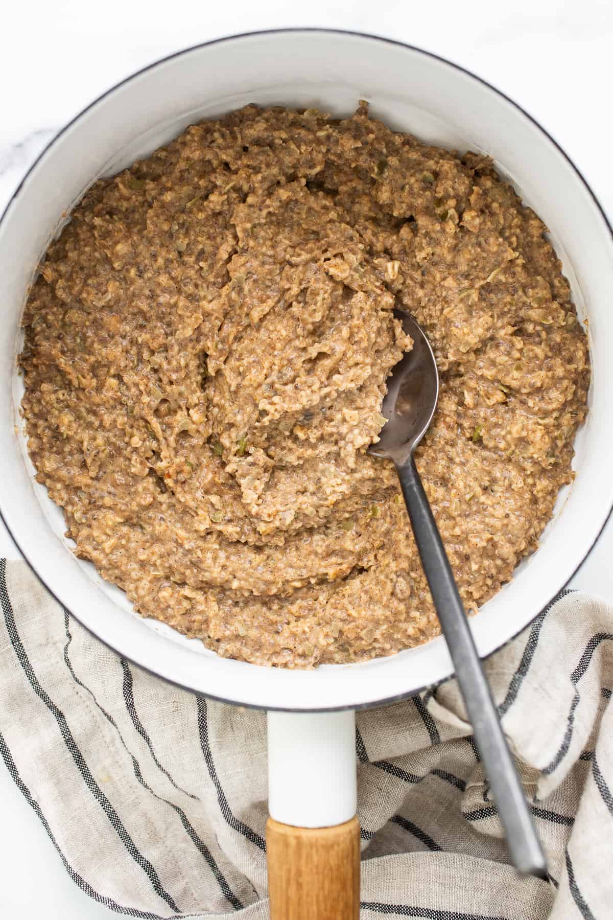 Cooked porridge in a saucepan. 