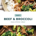 Beef and broccoli in a skillet.