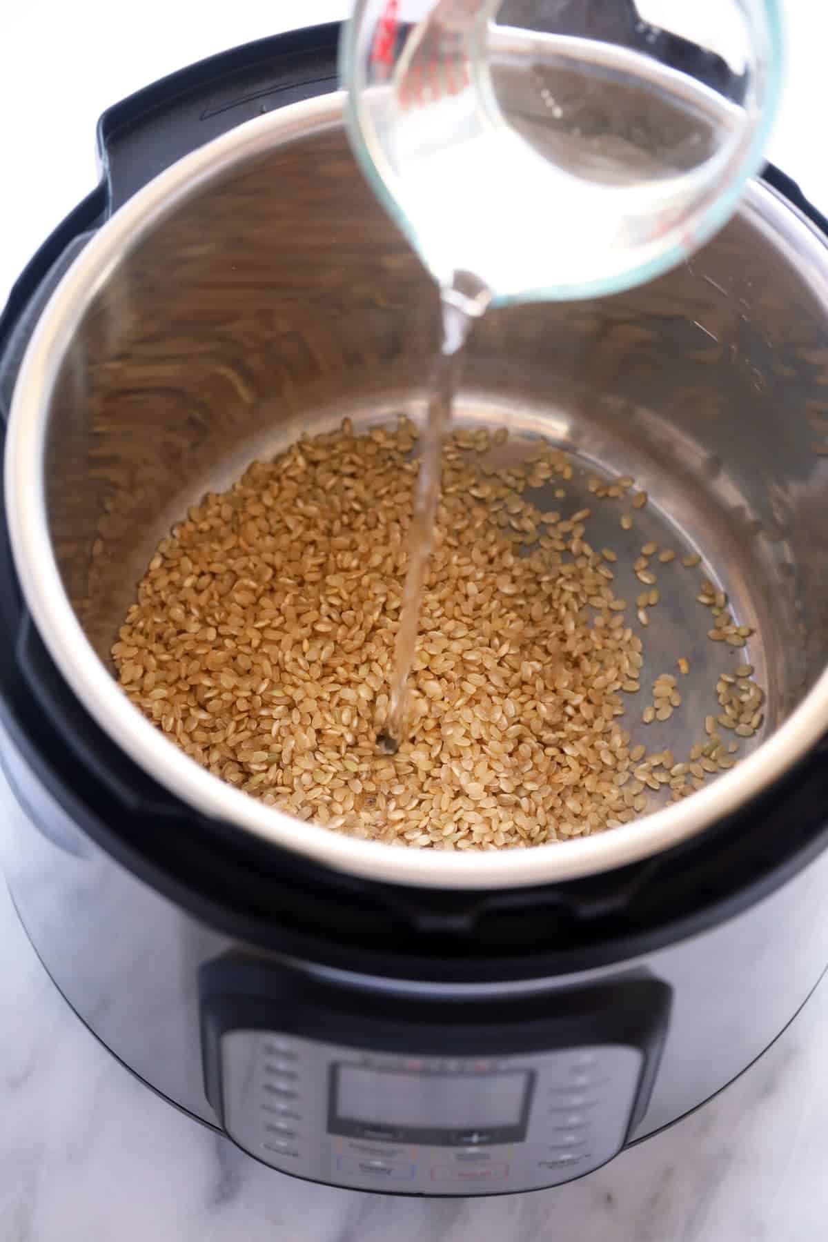 What is the grain to liquid ratio for brown rice in the Instant Pot Zest 8 Cup  One Touch Rice Cooker?