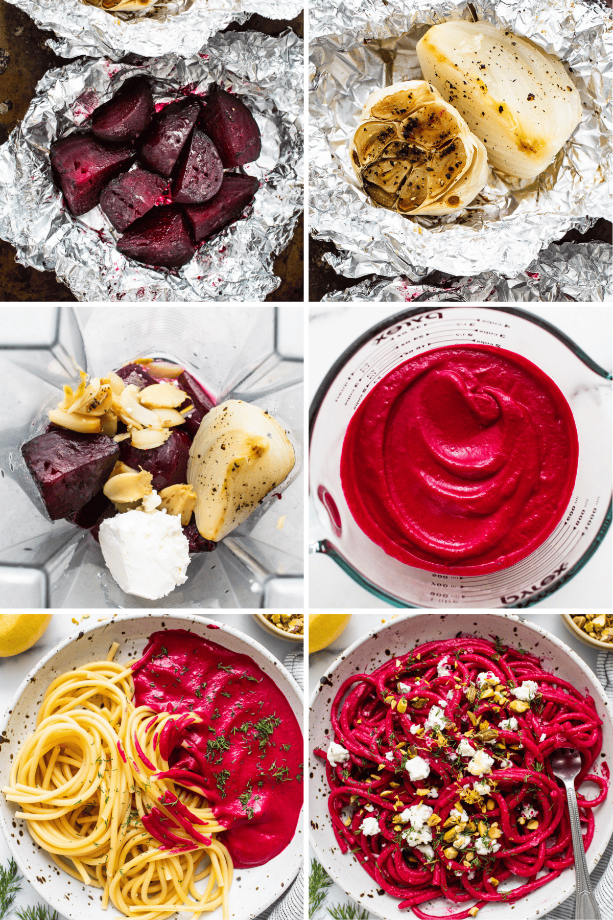 A collage featuring roasted beet pasta with onions, blended beet sauce, and spaghetti tossed in the vibrant mixture, garnished with cheese and herbs.