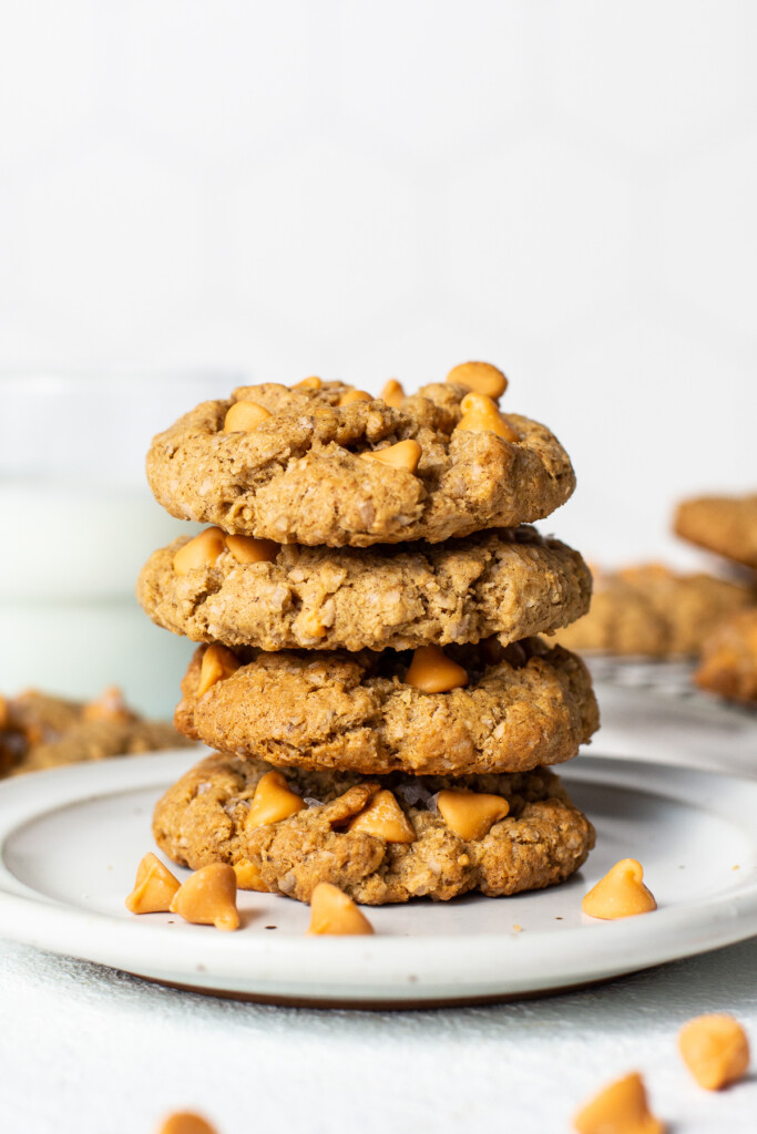 stack of cookies on plate.