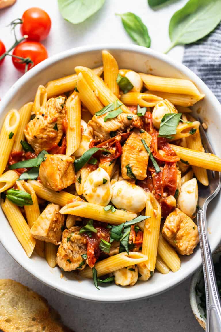 Healthy Pasta Recipe (Chicken Caprese!) - Fit Foodie Finds