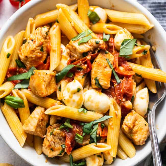 Healthy Pasta Recipe (Chicken Caprese!) - Fit Foodie Finds