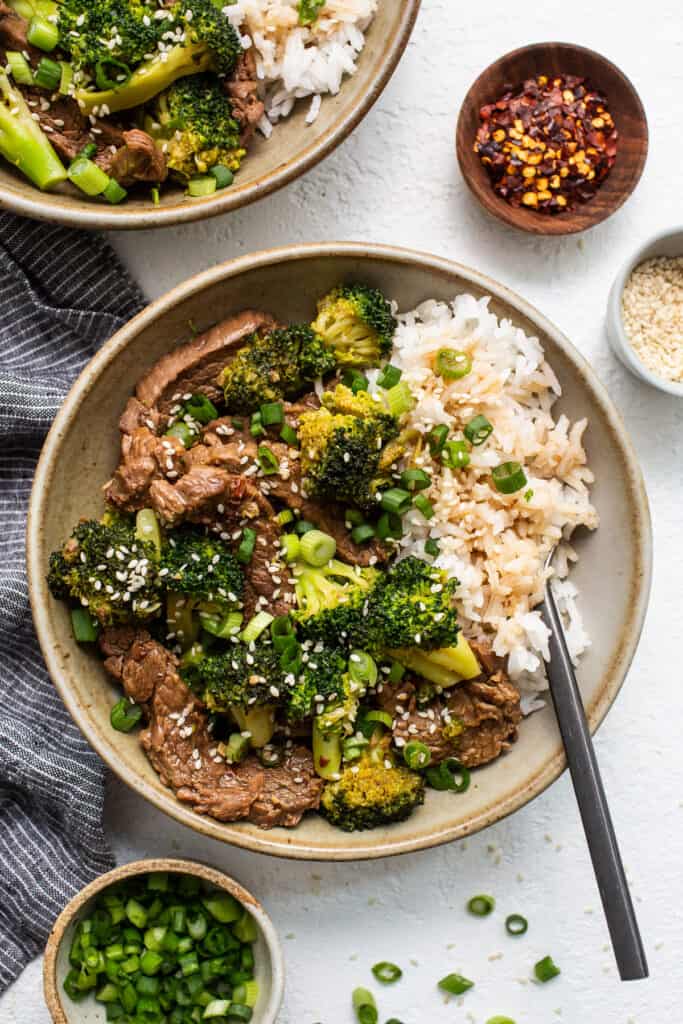 bowl of beef and broccoli stir fry.