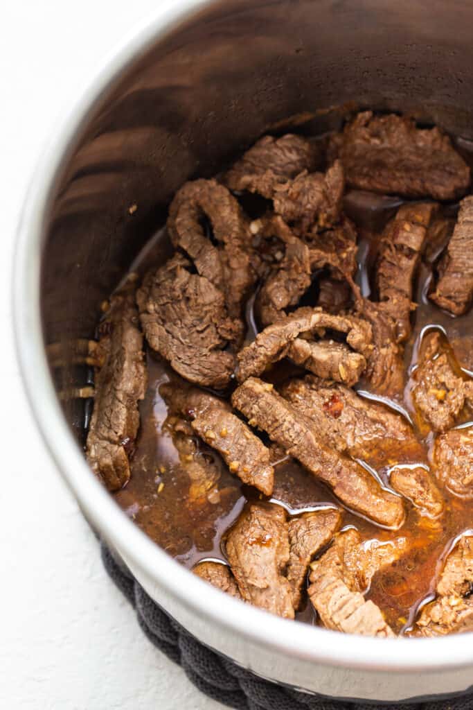 cooked beef in Instant Pot.